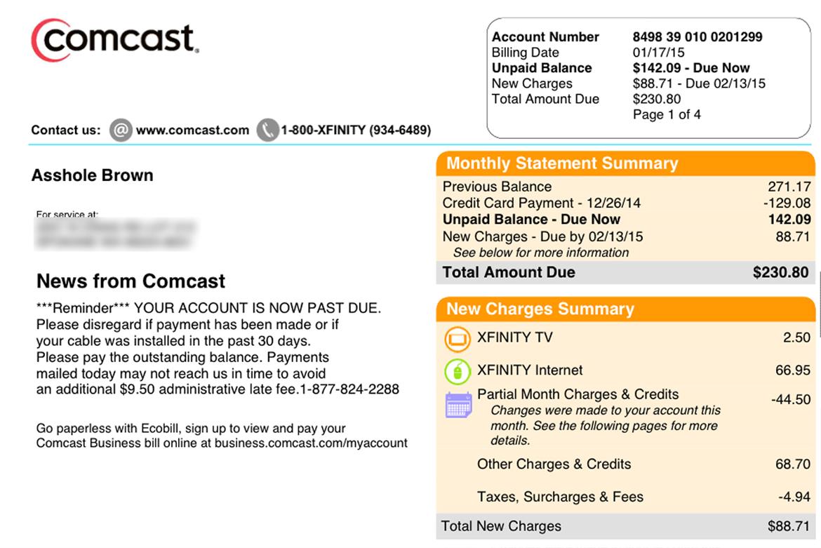 Comcast Brazenly Insults Customer, Sends Monthly Bill Addressed To ‘A-hole Brown’