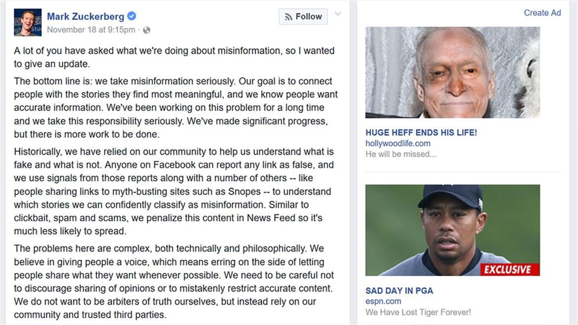 Facebook Facepalm Moment As Fake News Is Seen Littering Mark Zuckerberg's Statement On How FB Will Combat The Problem