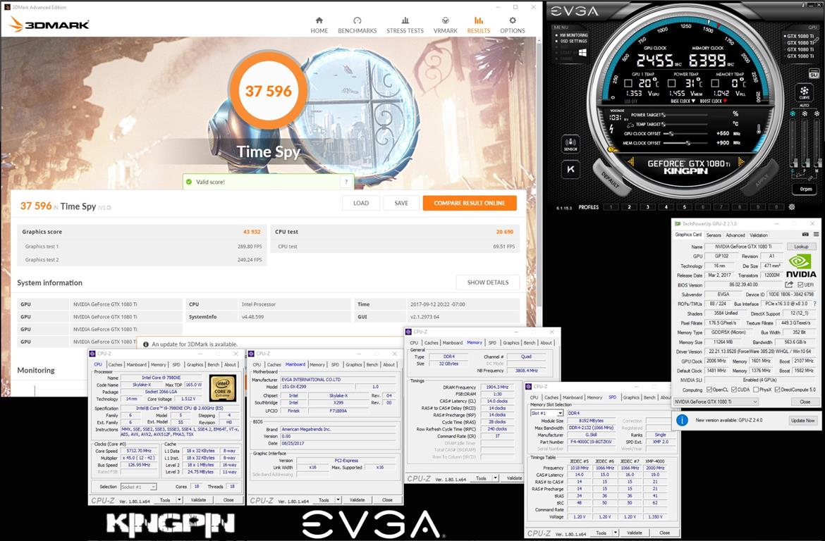 K|NGP|N Shatters Benchmark Records With Intel Core i9-7980XE And EVGA X299 Dark Motherboard