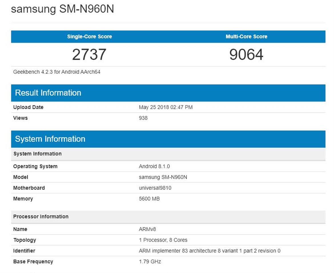 Samsung Galaxy Note 9 With Exynos 9810 Leaks To Geekbench, 512GB Variant Rumored