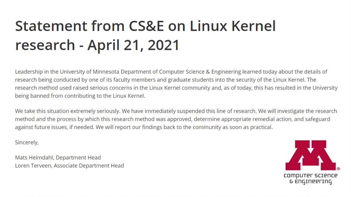 University Of Minnesota Investigates Ethically Questionable Linux Kernel Research