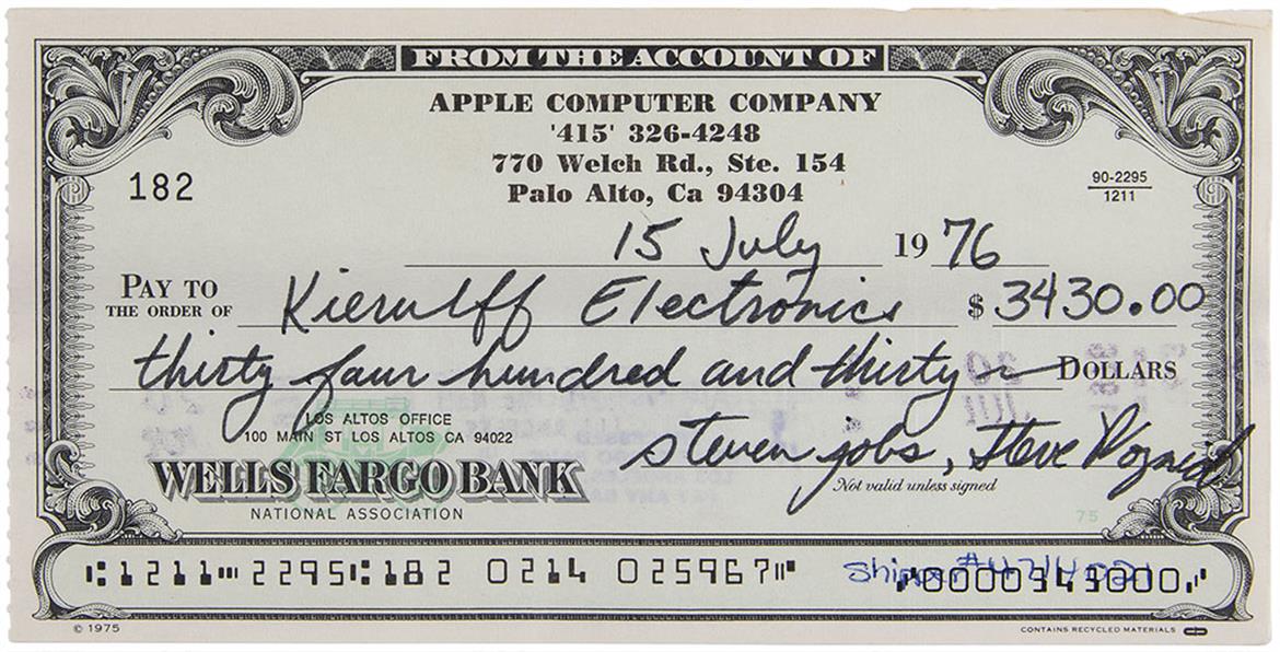 Rare 1976 Apple Computer Check Signed By Steve Jobs And Wozniak Sells For $164K At Auction