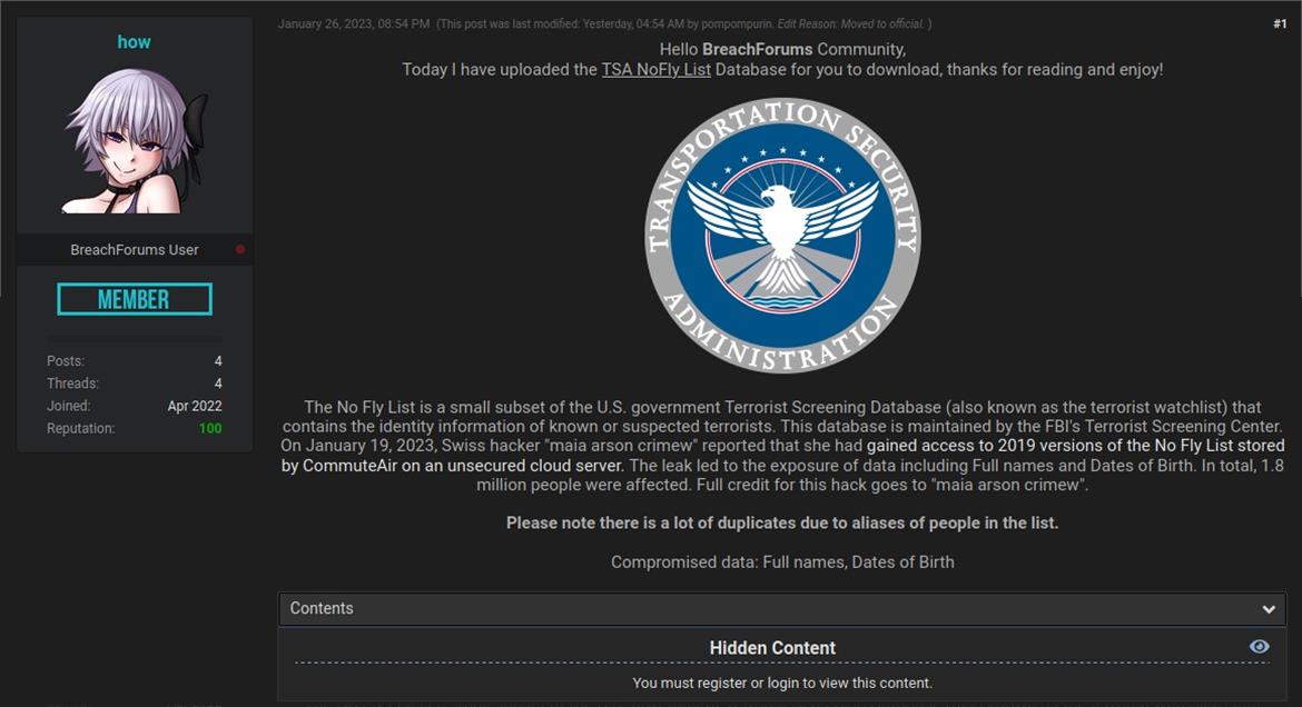 Hacking Forum Exposes Entire US No Fly List Of Over 1.5M Names As TSA Investigates