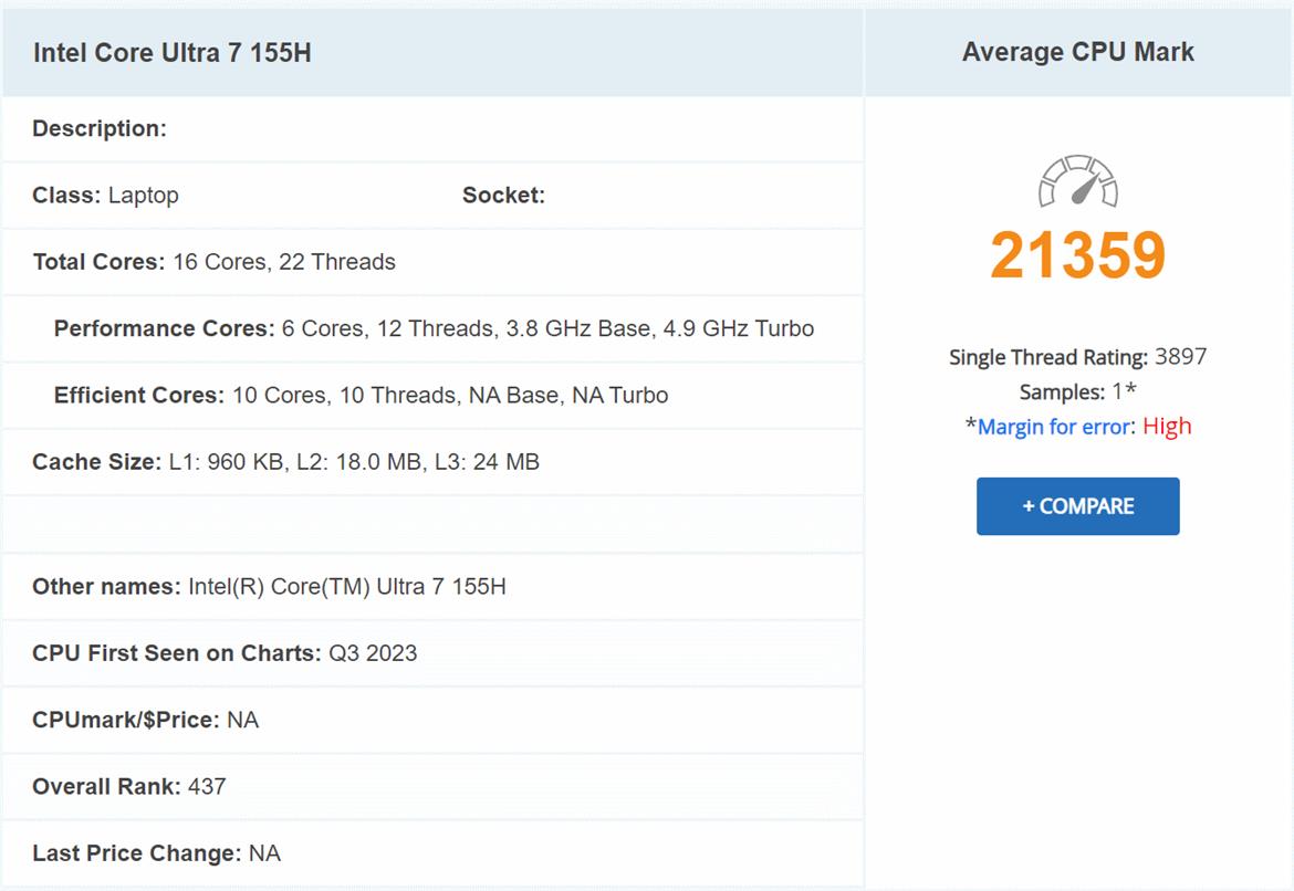 Intel Core Ultra 155H Meteor Lake CPU Specs Seemingly Confirmed In Early Benchmarks