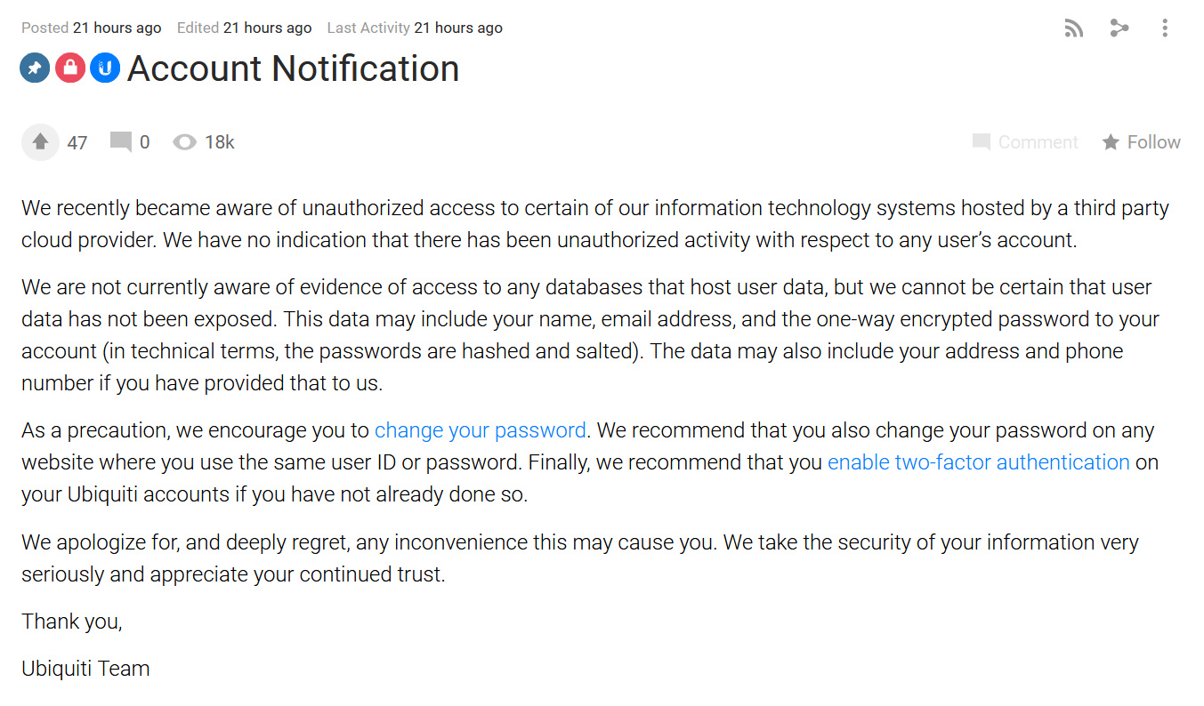 Ubiquiti Discloses Major Data Breach, Urges Customers To Change Passwords Immediately